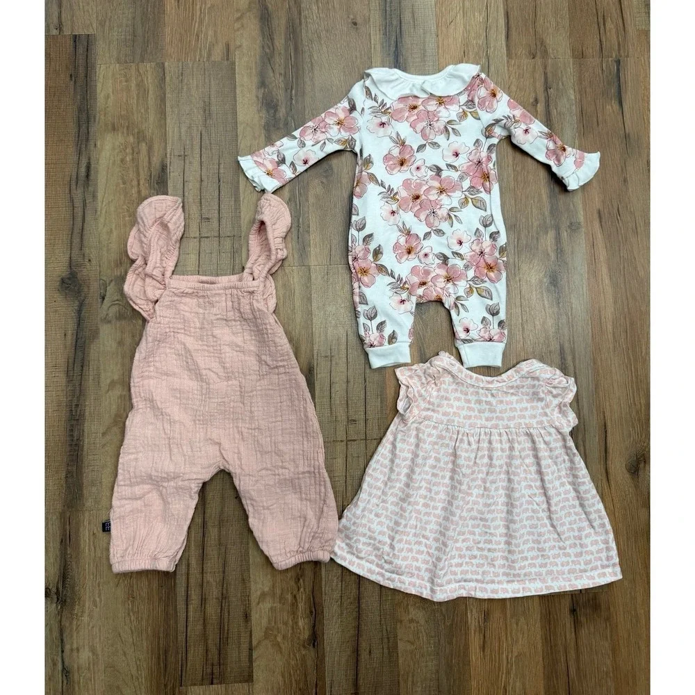 Baby Girls 3-Piece Outfit Bundle 0-3M Pink Floral Romper‎ Dress Muslin Jumpsuit